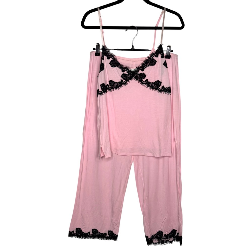 Morgan Taylor Intimates Pink Lace Trim Cami and Crop Pant Pajama Set